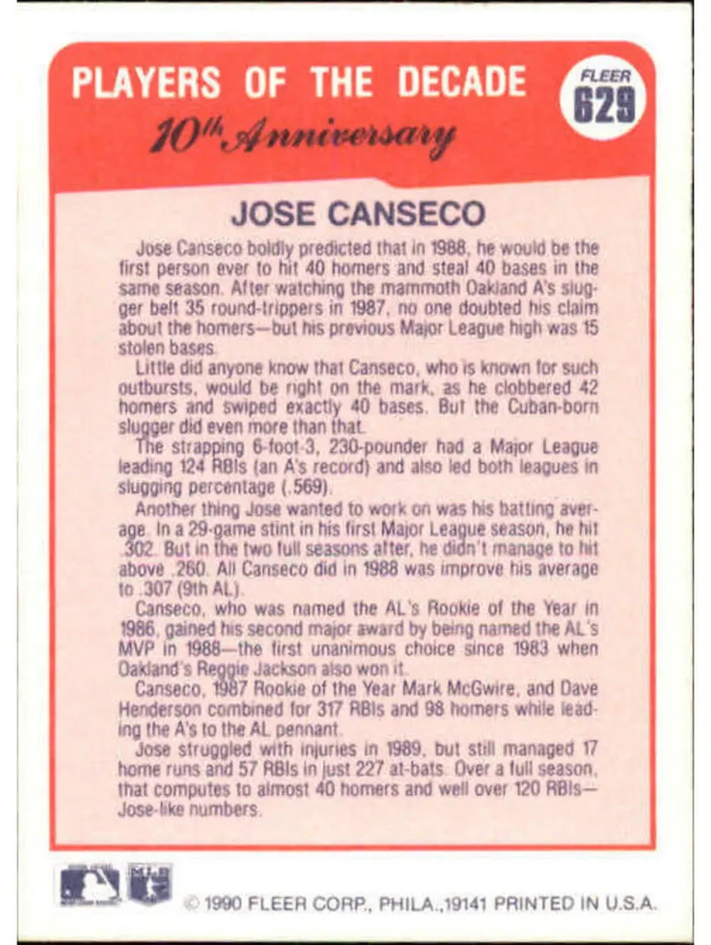 1990 Jose Canseco Fleer Baseball Card #629